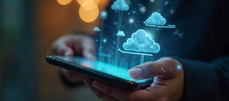 Professional using a smartphone with holographic cloud computing icons