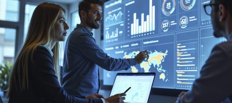 Business team analysing data and analytics on a large dashboard screen