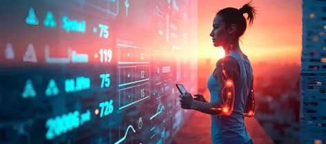 Woman in a data centre with digital health data analytics overlay