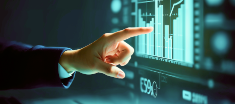 Business analyst interacting with a digital data analytics dashboard